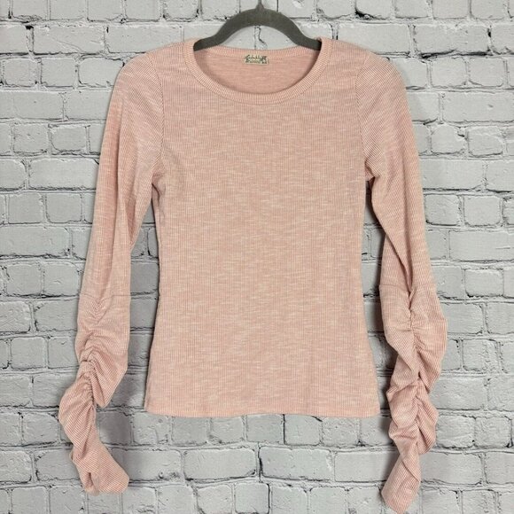 Free People Tops - Free People Thermal Knit Top Crunched Sleeve Blouse Solid Peach Women Size XS
